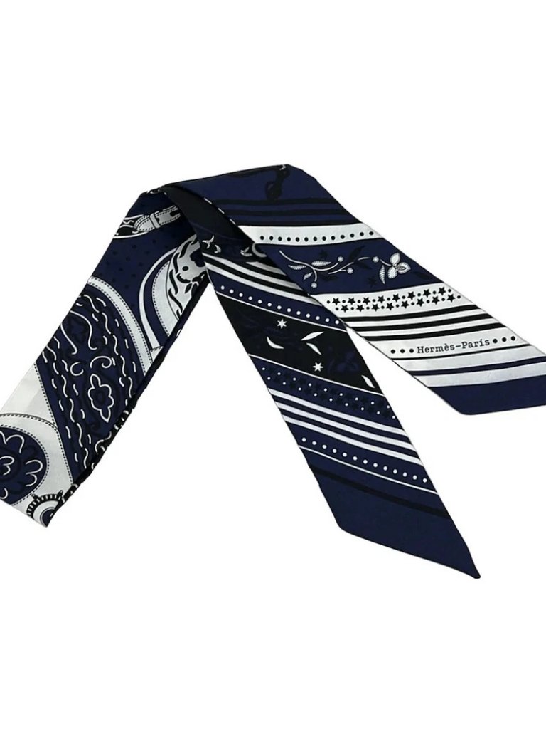 Hermes Twilly Scarf Navy White Silk Scarf
